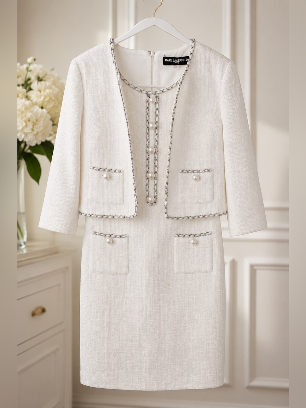 Karl Lagerfeld White Tweed Dress and Cropped Jacket with Pearl Trim